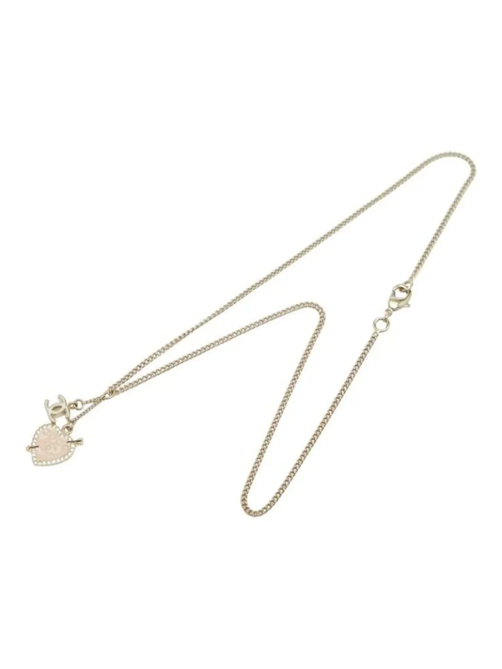 Chanel CC Logo Heart & Aro Line Stone Pendant Necklace Gold Pink Plated Enamel - Picture 4 of 7